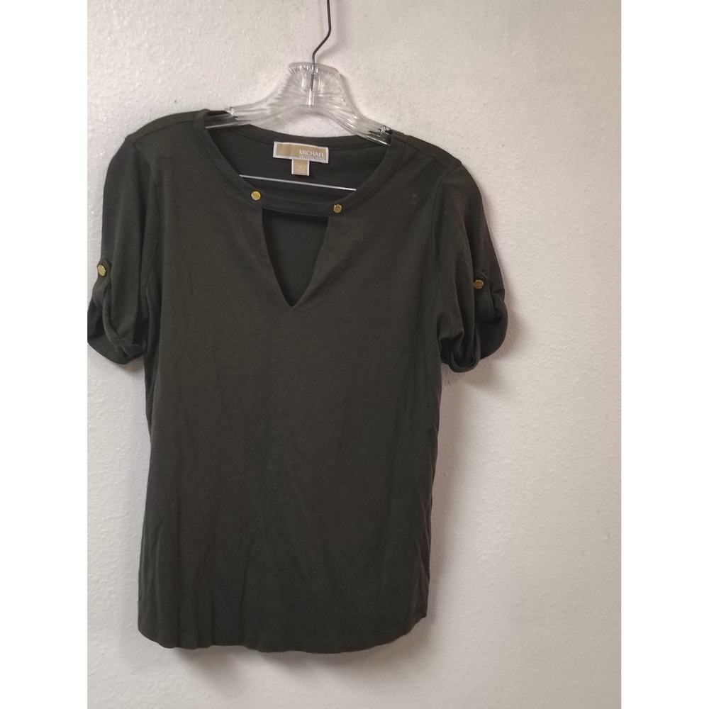 Michael Michael Kors Olive Green Cutout V-Neck Top Gold‎ Hardware Size M
